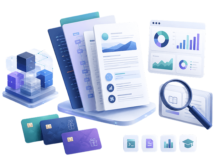 Illustration of reports, analytics dashboards, prepaid cards and a magnifier representing Ogloba resources