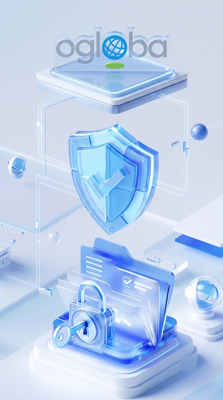 Ogloba logo above a glass security shield with a checkmark and a padlocked document folder, symbolizing PCI DSS payment data protection