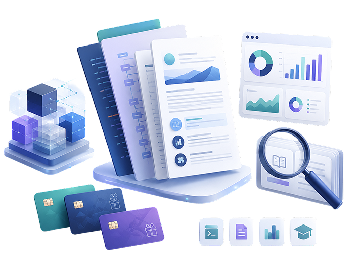 Illustration of reports, analytics dashboards, prepaid cards and a magnifier representing Ogloba resources